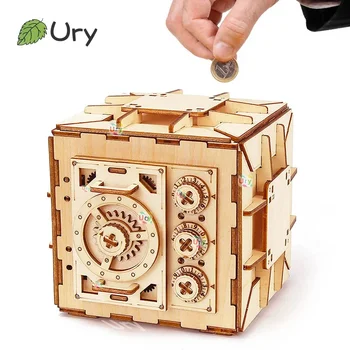 URY 3D Wooden Puzzle Password Treasure Money Box Piggy Bank DIY Advanced Assembly Model Toys Creative Gift for Lady Girls 1