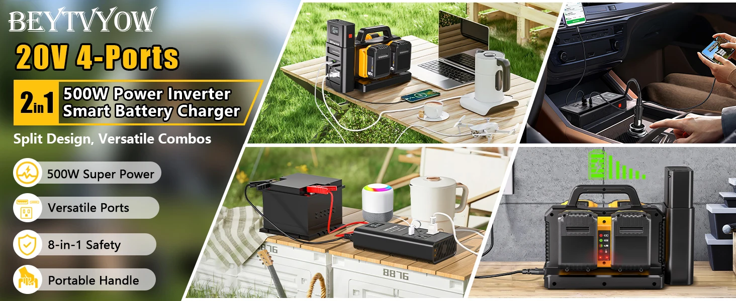 500W Pure Sine Wave Power Inverter 2 in 1 Battery Charger for DeWalt 20V Battery