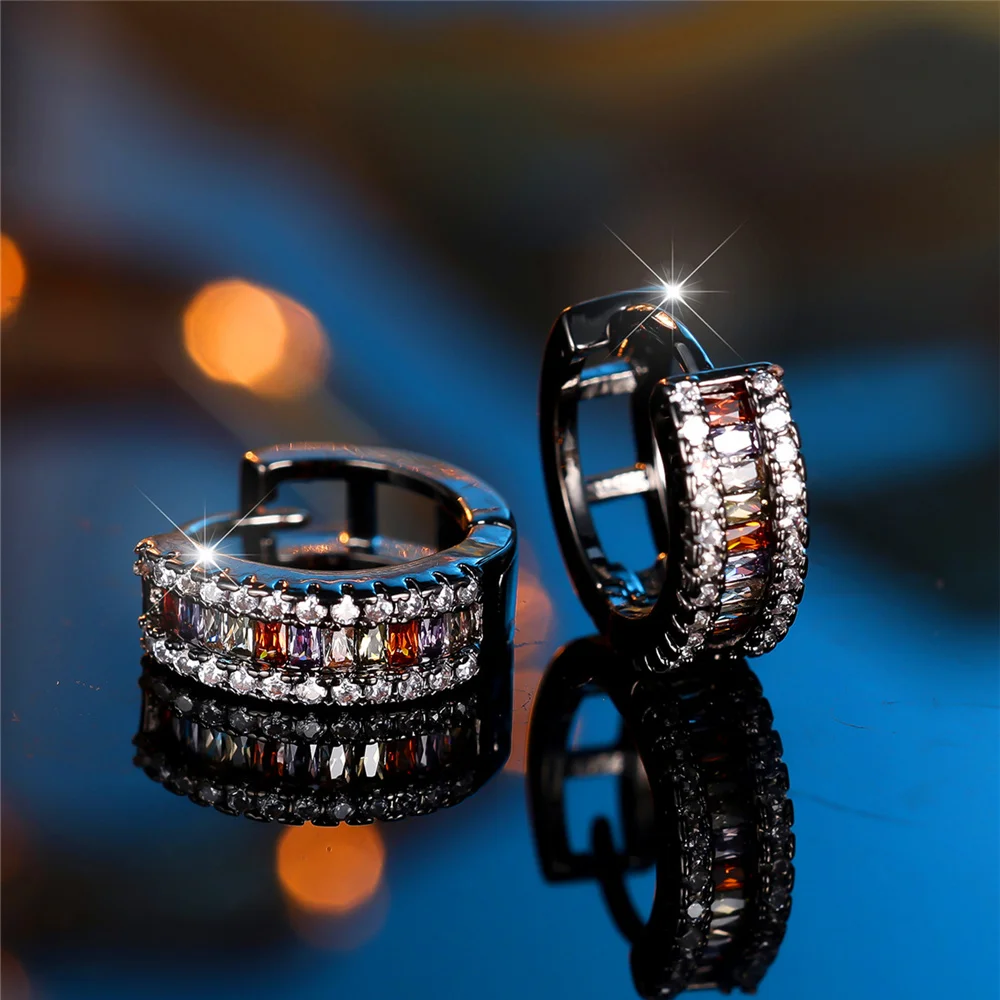 Trendy Crystal Female Small Rainbow Zircon Stone Hoop Earrings Vintage Black Gold Color Wedding Jewelry For Women