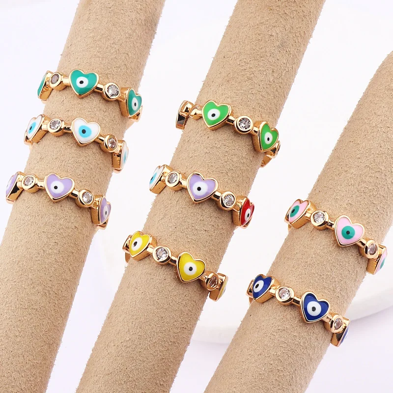 

Модные кольца от сглаза в форме сердца, 18K, настоящий золотой цвет, женские эмалированные ювелирные изделия для подарка