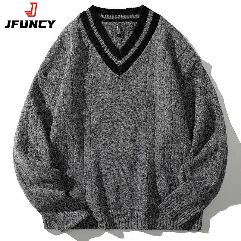 JFUNCY Mens Winter Knitted Sweaters Oversized Male Black Pullover V Neck Jumpers Men's Vintage Striped Knitwear Men Clothing