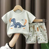 Summer Boys’ Short Sleeved Suit Cartoon Dinosaur Cotton Short Sleeved Top +Shorts 2pcs Set Children Boy Kids Pyjamas Suit 0-4T