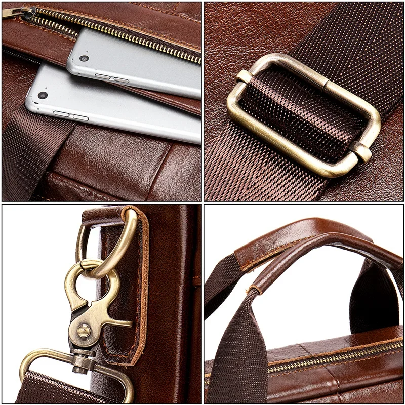 Men's Briefcase Casual Genuine Leather Handbag Business 14 Inch Laptop Bag Vintage Single Shoulder Crossbody Shoulder Bag