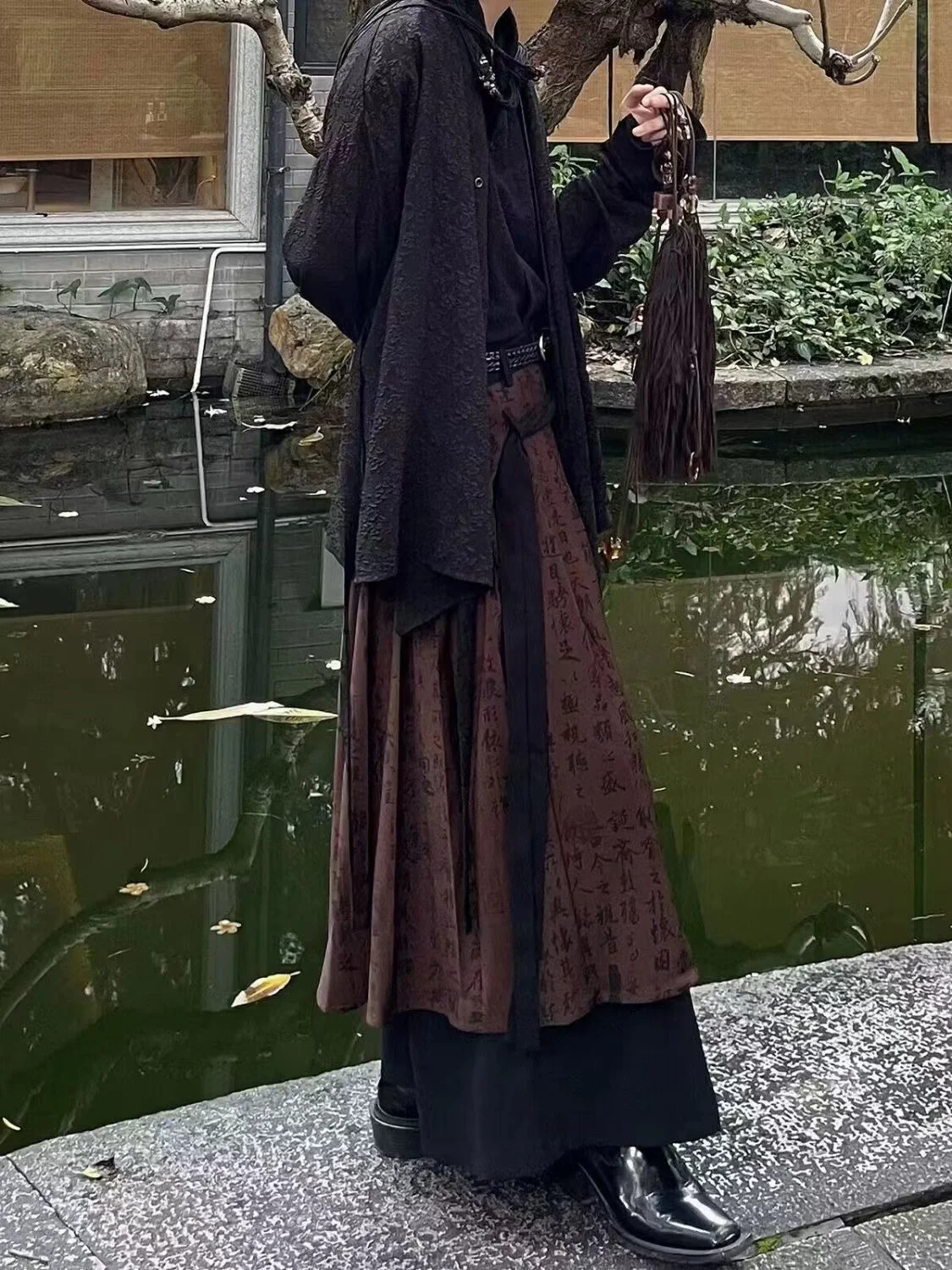 Vintage Niche Design Black Pants Traditional Chinese Calligraphy Cut Piece Splice Costume Fashion Cropped Loose Leg Pants Skirt