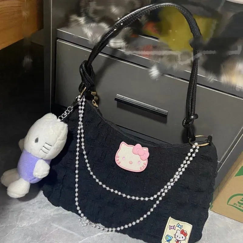 16cm Sanrio Hello Kitty Contrast Color Shoulder White Black Bag Pearl Chain  Handbag Fashion Underarm Bag Girl Tote Shoulder Bag - AliExpress