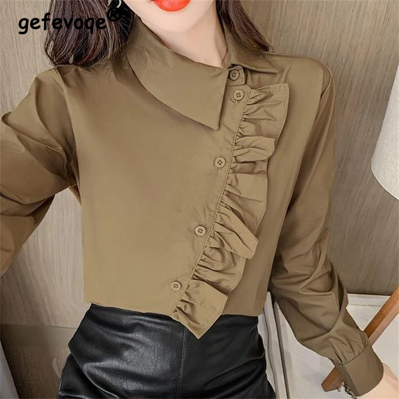 Women Trendy Ruffles Asymmetrical Design Button Up Shirt Spring Autumn Casual Long Sleeve Blouse Solid Chic Slim Tops Y2K Blusas