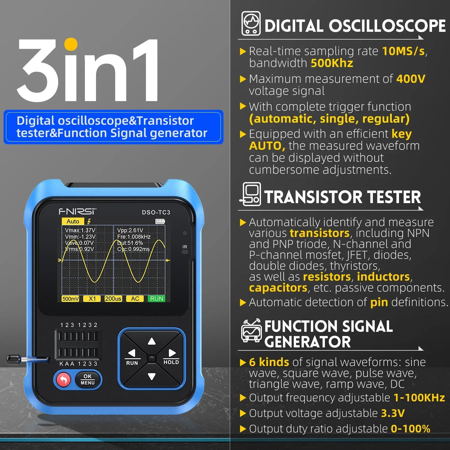 FNIRSI DSO-TC3 3 IN 1 Digital Oscilloscope Function Signal Generator Transistor Tester 500KHz 10MS/s Electronic Measuring Tester 2