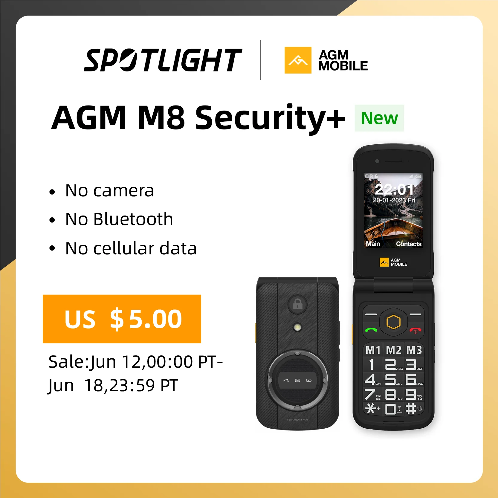  [World Premiere]AGM M8 Security+ Flip Mobile Phone Elderly Feature Phone SOS Quick Call English Keyboard No Camera Cellphone 
