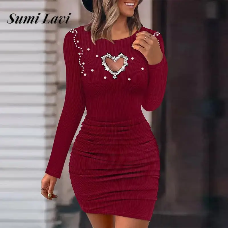 

Elegant Pit Strip Pleated Hip Wrap Dress Gentle Style O Neck Love Hollow Out Mini Dress Autumn Ladies Beaded Solid Color Dresses