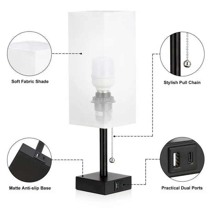 Bedside Lamps With USB CA Charging Ports With 3-Color Modes With Pull Chain Bedroom Lamp With White Fabric Shade Night Light 4