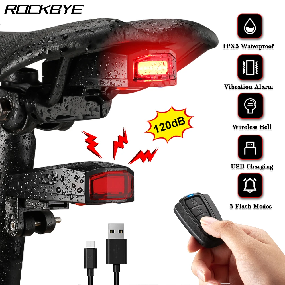 RockBye-Feux arrière de vélo, alarme aste, 120dB, feu de freinage intelligent, étanche IPX5, feu arrière de vélo avec télécommande