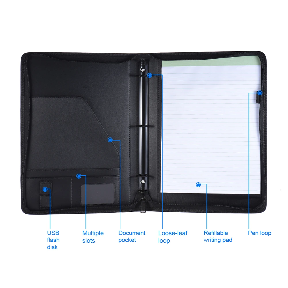 Multifunctional A4 Document Case PU Leather Zippered Loose-leaf Loop Business Card Holder Memo Note Pad