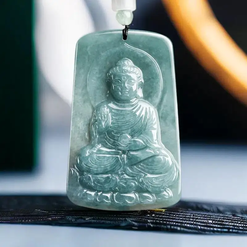 

Blue Myanmar Jadeite Buddha Pendant Necklace Vintage Natural Burmese Jade Charm Carved Luxury Real Jewelry Stone Fashion Amulet