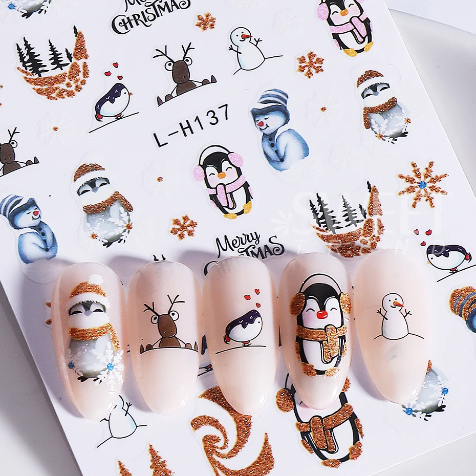 8pcs Christmas Nail Stickers Self-Adhesive Reindeer Santa Claus Penguin Xmas Tree Holly Nail Decals Manicure Decoration Sliders