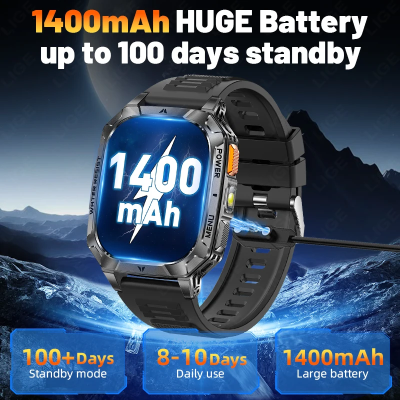 LIGE 2026 스마트 시계 야외 스포츠 시계 1400mAh 배터리 IP68 방수 무선 통화 음성 보조 군용 스마트워치