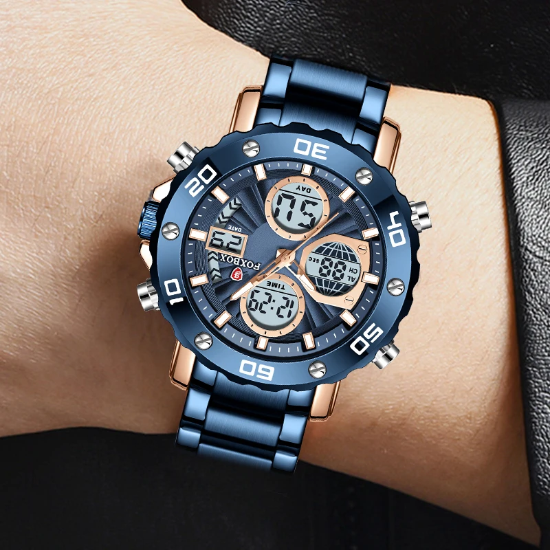 FOXBOX New Luxury Brand Men's Watches Business Stainless Steel Quartz Watch for Men Sports Waterproof Clock Relogio Masculino