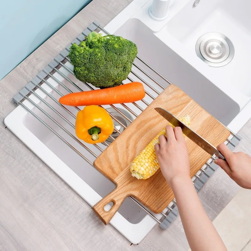 Foldable Kitchen Dish Drying Rack Stainless Steel Bowl Fruit Vegetable Dish Holder Sink Roller Organizer Basket Racks Tools multi layer storage rack