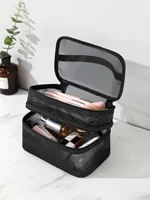 1Pc Multifunction Black Mesh Large Capacity Double Layer Travel Partition  Makeup Bag For Women Girls Black Friday,Makeup Bag Ma 1