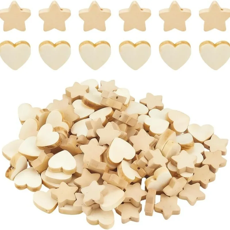 50Pcs 천연 나무 구슬 스타 하트 모양 미완성 나무 루즈 스페이서 구슬 공예용 구멍이 있는 DIY 쥬얼리 만들기