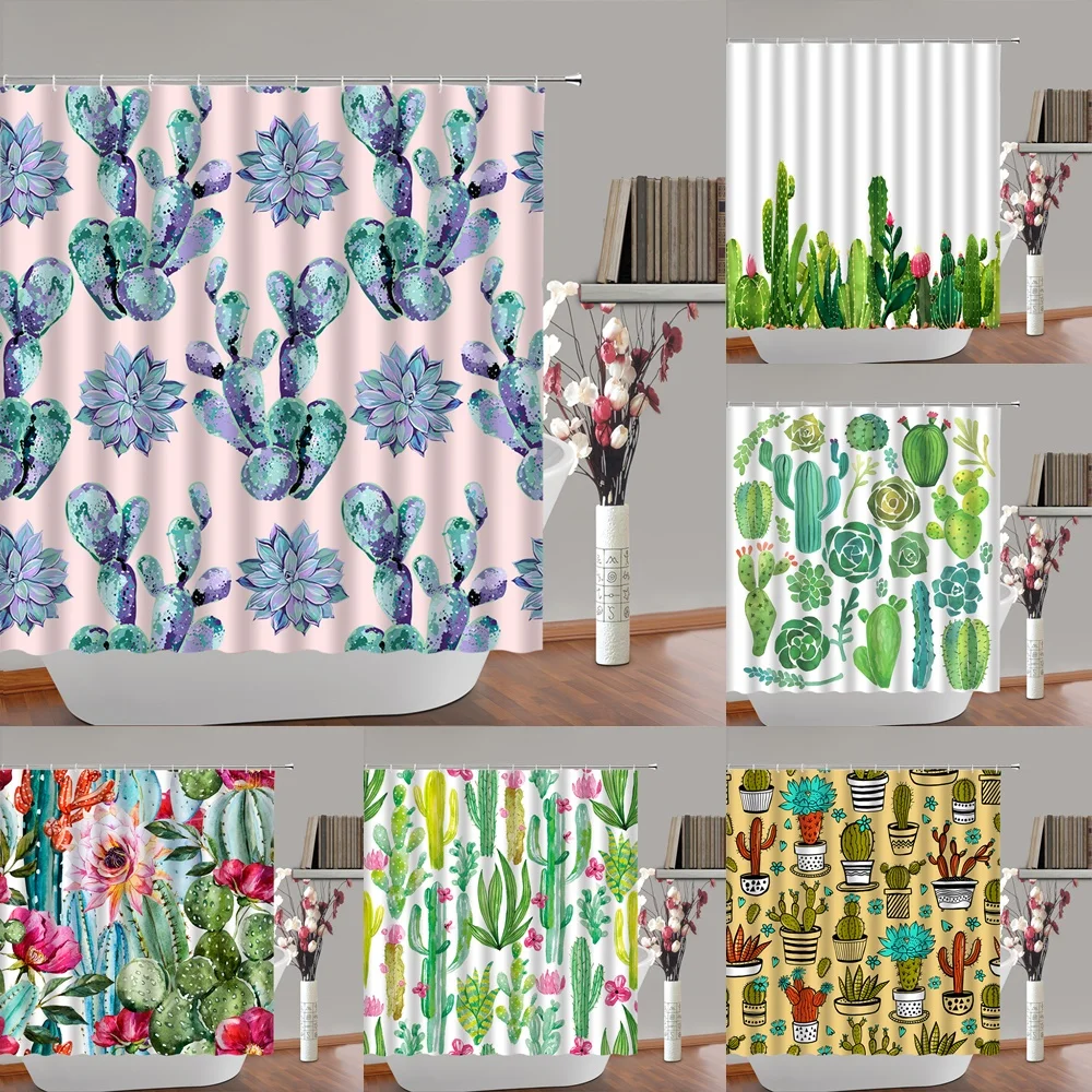 

Watercolor Cactus Flower Shower Curtain Tropical Plant Succulent Cacti Potted Bath Curtains Set Bathroom Decor Waterproof Fabric