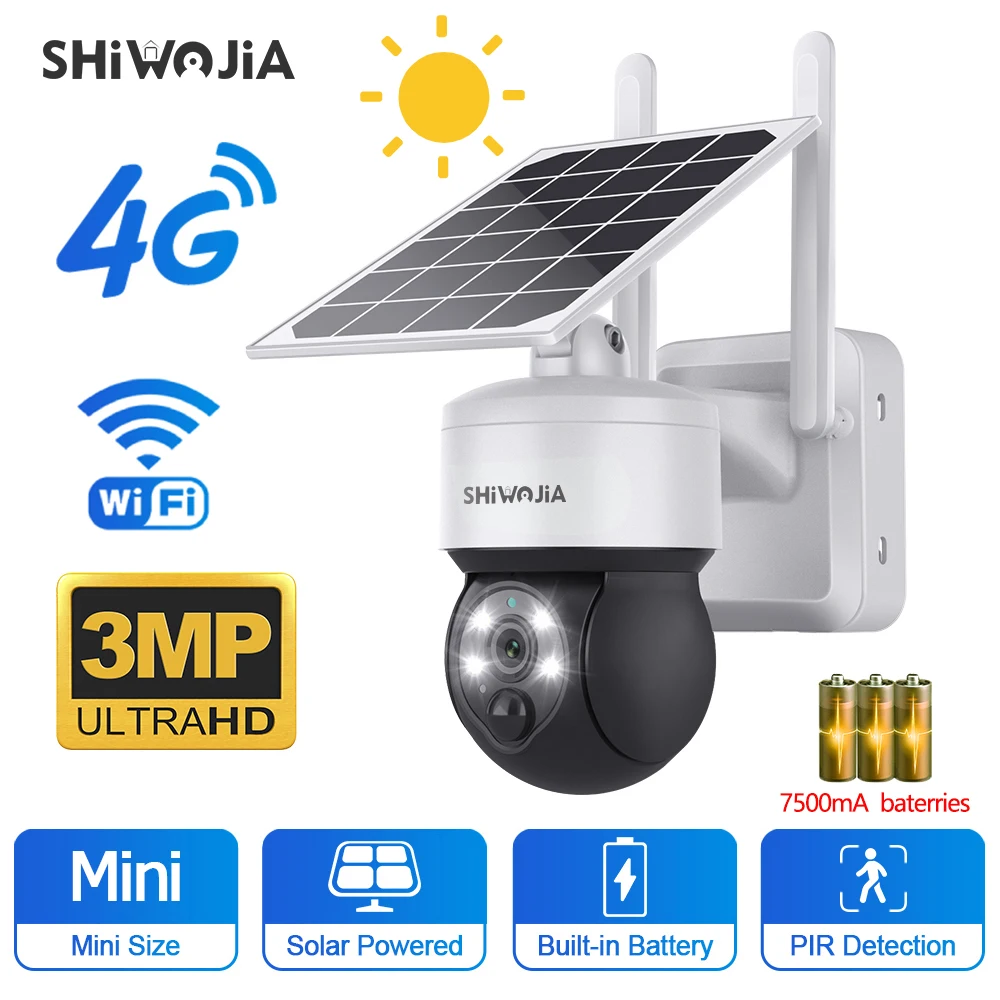 

SHIWOJIA 4G Solar Camera Wifi Outdoor 3MP PIR Human Detection Wireless Surveillance IP Cameras With Solar Panel 7500mAh Battery