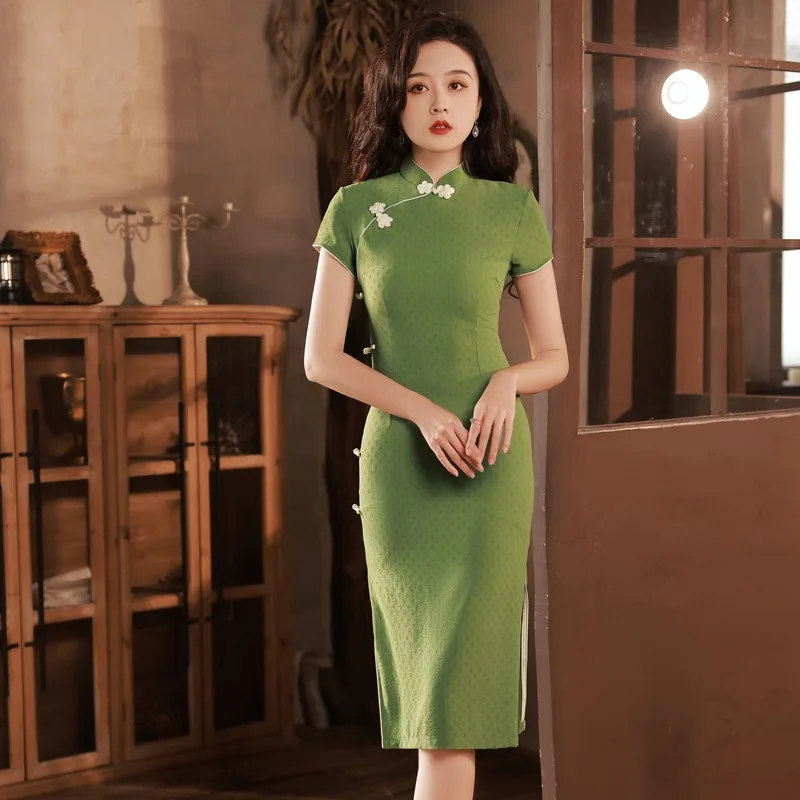 

Chinese Traditional Side Split Qipao Dress Formal Gown Vestidos Vintage Style Button Cheongsam Women Ball Party Clothing