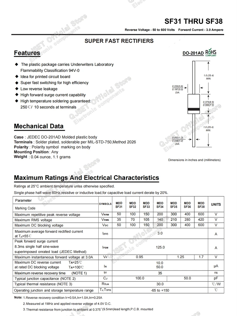 20 Stück Gleichrichterdioden SF14 SF16 SF18 SF24 SF26 SF28 SF34 SF36 SF38 SF54 SF56 SF58 1A 2 3 5A 600V DIP Ultraschnelle Erholungsdioden – Detail 5