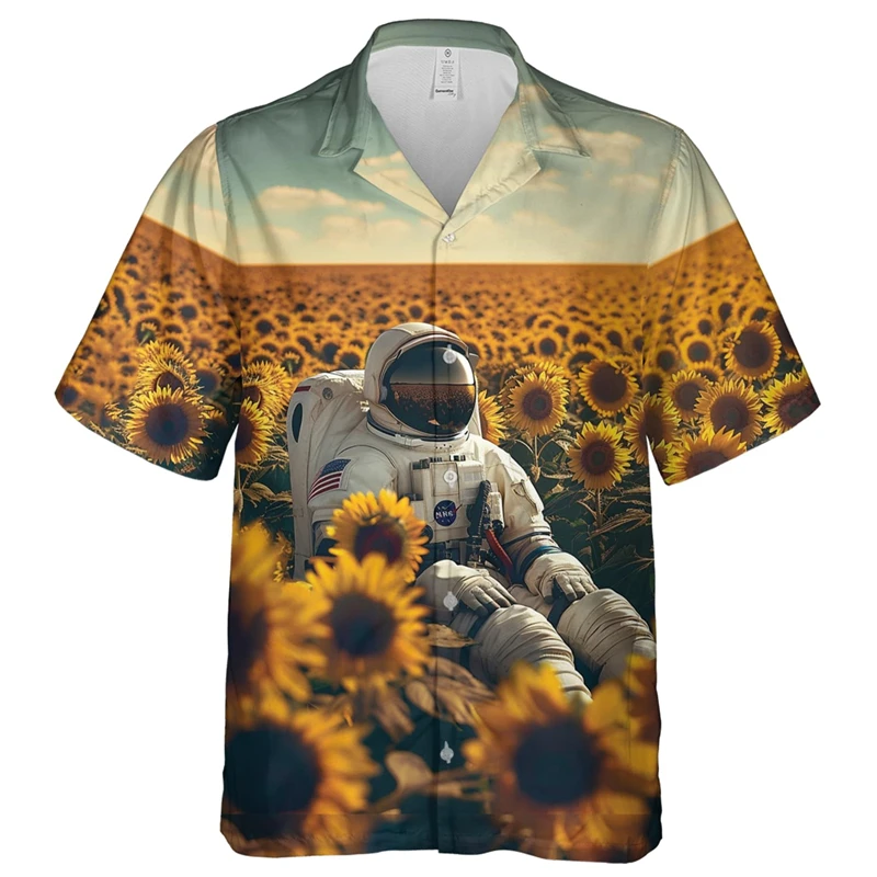thumbnail image 1 of Camisas hawaianas con estampado 3D de astronauta para hombre, camisas con solapa de astronauta, camisetas holgadas con botones para la calle, mangas cortas, estilo hawaiano, 1 of 4