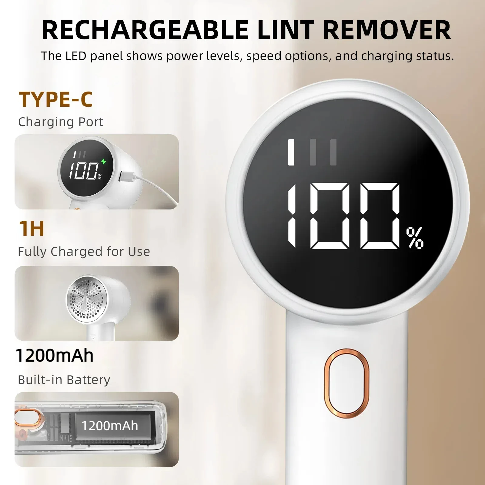 New Household Electric Lint Remover 3 Gears Adjustable LED Digital Display Hairball Trimmer Wireless Portable Sweater Epilator 3