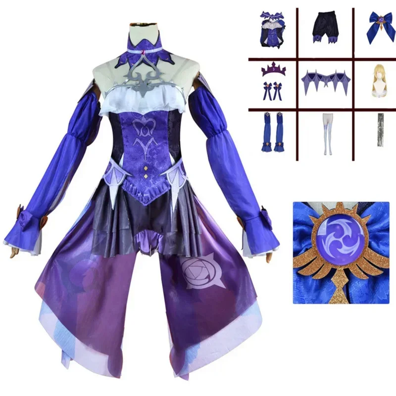 

Anime Genshin Impact Fish Cosplay Costume Wig Halloween Women Dress Uniform Sexy Suits Pants Sleeves Socks Bow Shoulder Straps