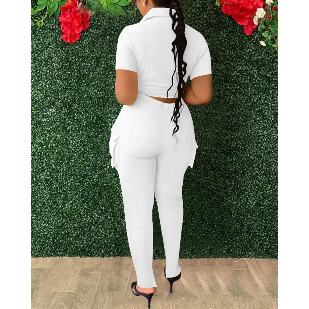 Korean Style Women's Pocket Design Short Sleeve Top & Cargo Pants Set Summer Casual Two Pieces Outfits Set Spring Streetwear