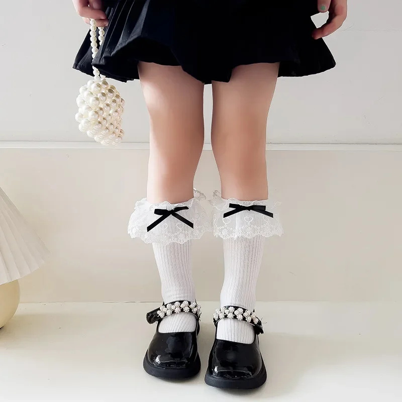 Bow Princess Socks Solid Color Medium Tube Socks Girls Lace Socks Spring and Autumn Love Lace  Sweet Lolita