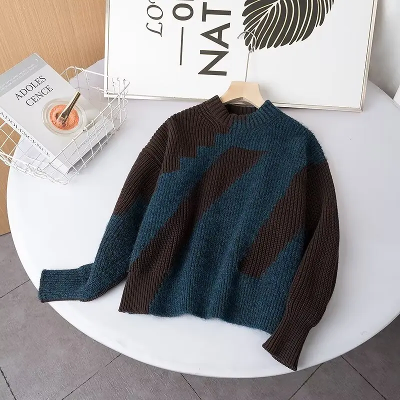 

Women 2023 Winter New Fashion Casual Color-matching Knitted Pullover Sweater Retro Long Sleeve Chic Round Neck Loose Top Mujer