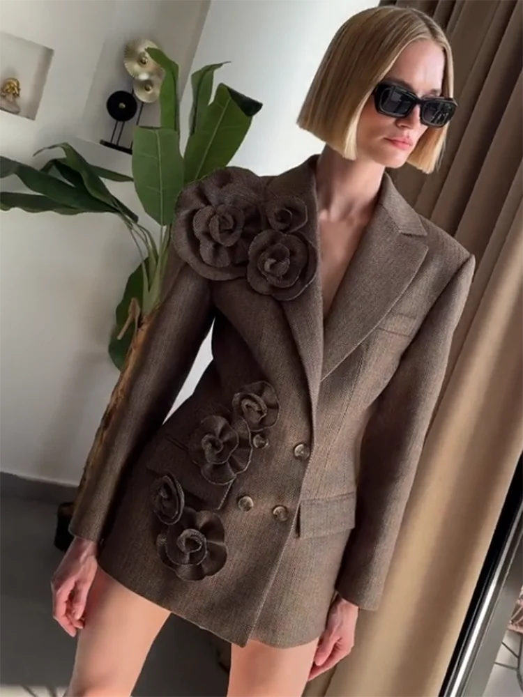 TWOTWINSTYLE Solid Spliced Appliques Slim Blazers For Women Notched Collar Long Sleeve Patchwork Button Chic Elegant Coat Female 4