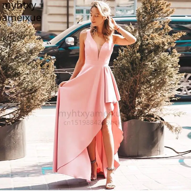 

Custom Elegant Rose Blue Pink Prom Dress V-neck Sleeveles Short Front Long Back Robe De Soiree Elastic Satin Light Plus Size