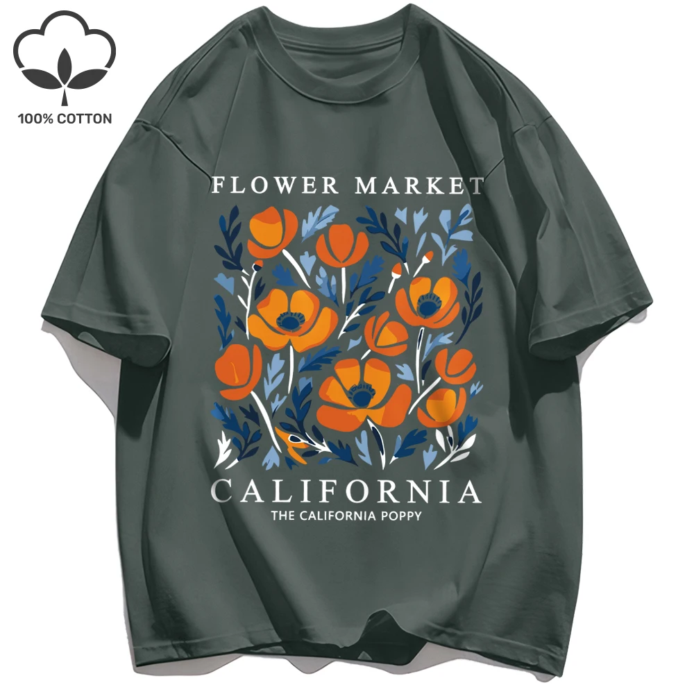 California Yellow Flowers Print Women's Soft Cotton O-Neck Casual Tee