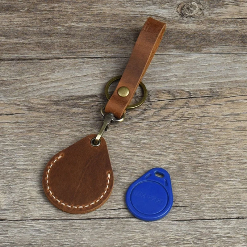 Cow Leather Keychain Key Ring Doorlock Access Control Tags Keyfob Tokey Tag ID Card Case Keychain Access Card Bag Key Tag Ring