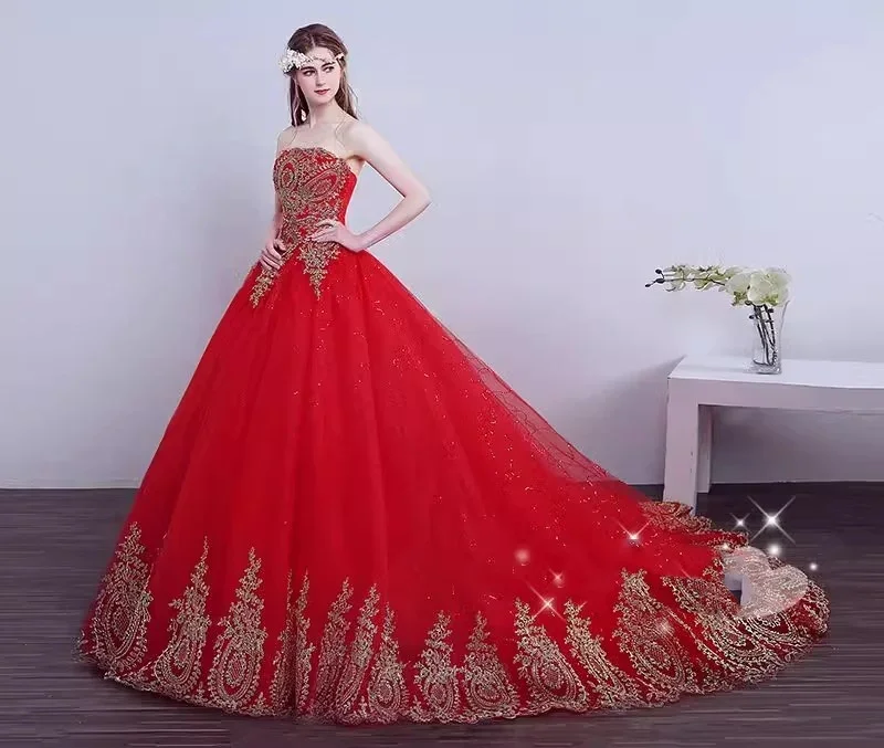 

Cheap Wedding Dress Red Tulle Appliques Strapless Trailing Princess Floor Length Plus size Lace up Simple Bride Ball Gowns XN015