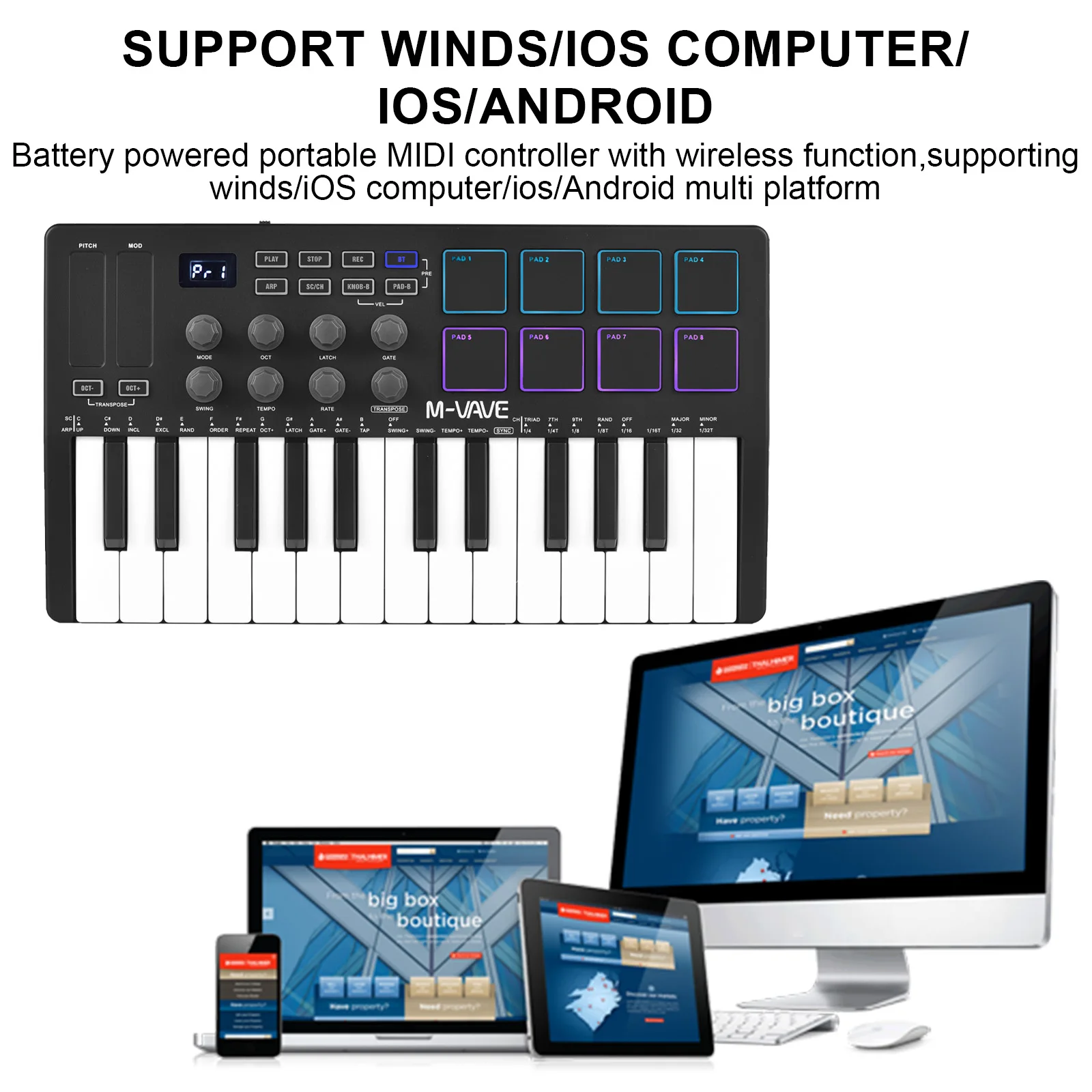 M-VAVE 25-Key MIDI Control Keyboard Mini Portable USB Keyboard MIDI Controller with 25 Velocity Sensitive Keys 8 RGB Backlit Pad