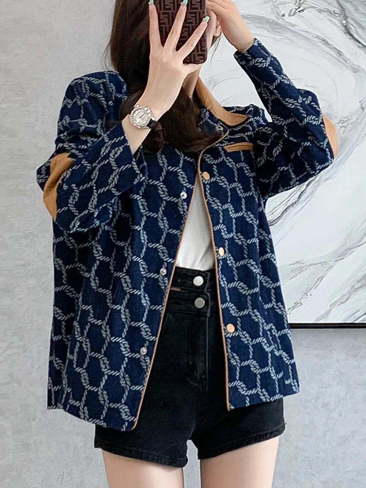 Vintage Printed Jeans Baseball Jacket Coat Women 2024 New Turn-Down Long Sleeve Spring Fall Loose Casual Denim Coat Female Trend