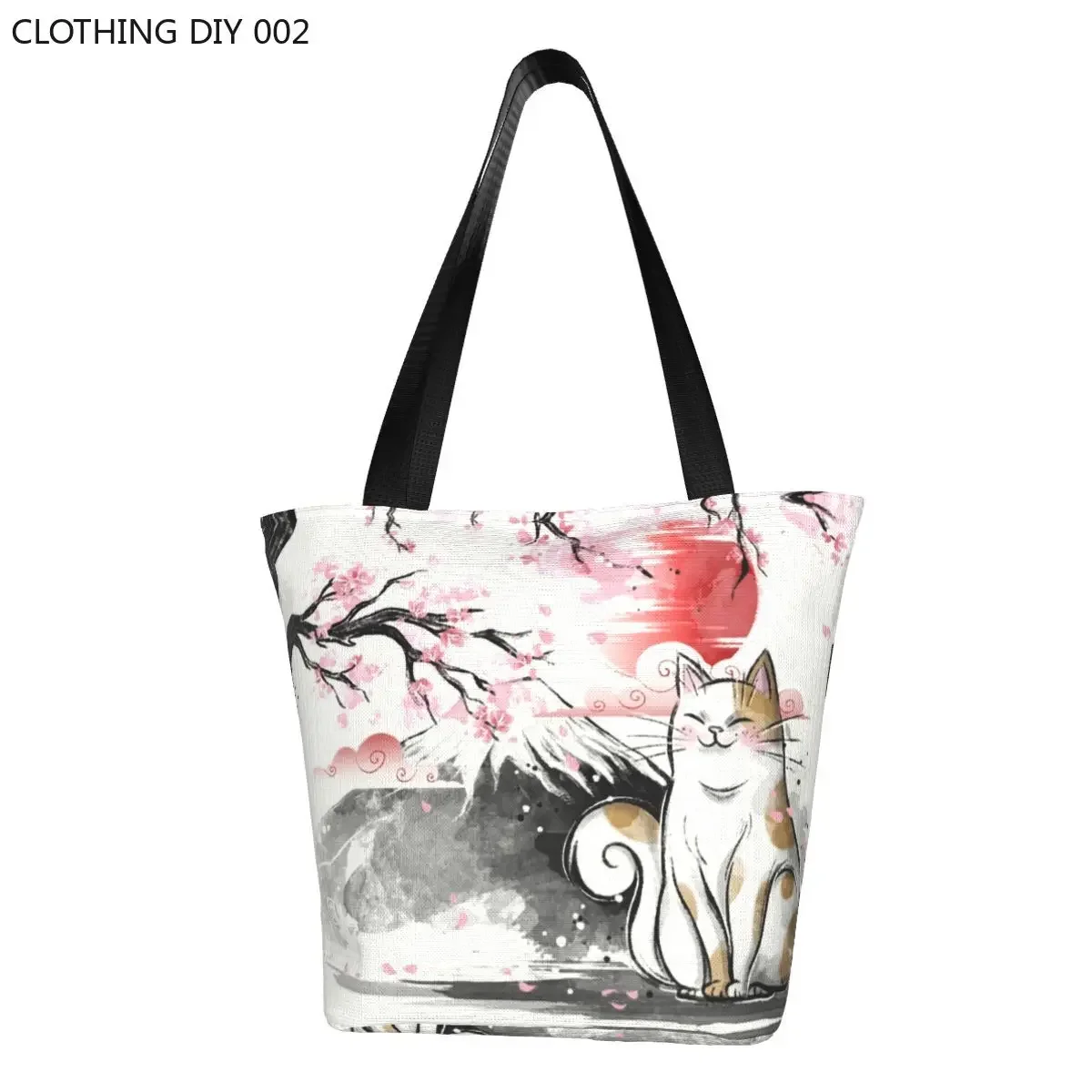 

Reusable Japanese Sakura Cute Cat Shopping Bag Women Canvas Shoulder Tote Bag Durable Floral Flower Grocery Shopper Bags