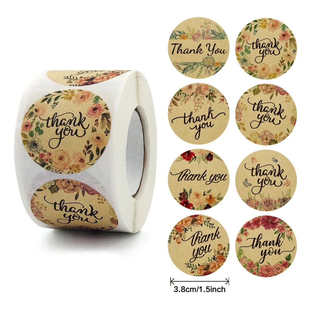 

500Pcs Kraft Paper Flower Round Thank You Sticker Scrapbooking Gift Wrapping Stationery Handmade DIY Self-adhesive Label