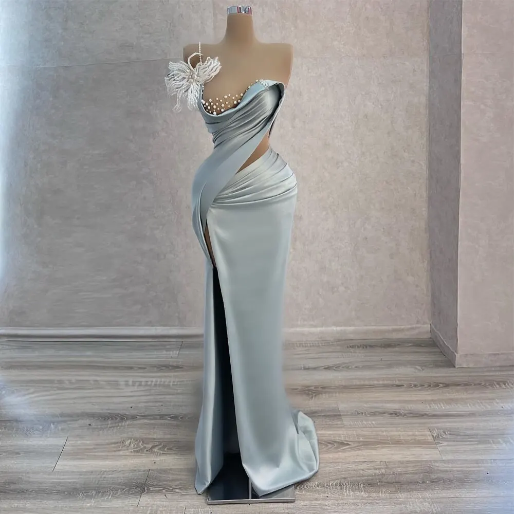 

KSDN Luxury Birthday Evening Dress Satin Beaded High Split Pleated Sexy Spaghetti Sleeveless Floor Length Women فساتين السهرة