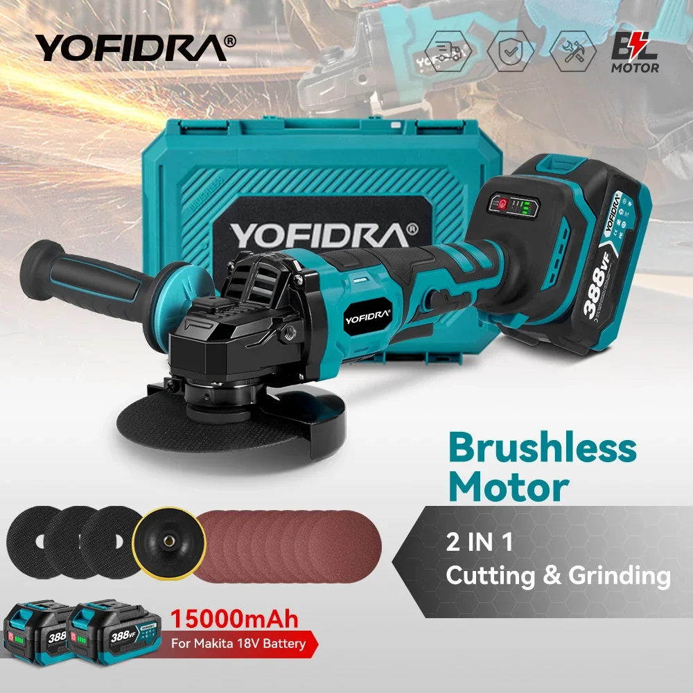 YOFIDRA Esmerilhadeira Elétrica Brushless 125mm 3 Velocidades Sem Fio Politriz Cortador Marcenaria Ferramenta Elétrica Compatível com Bateria Makita 18V Pino