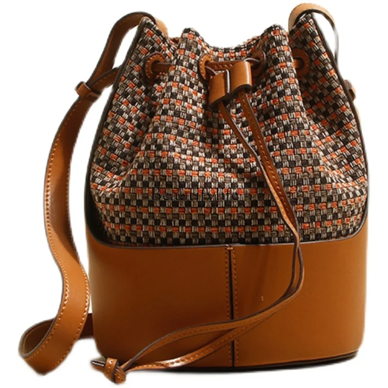 

Single Shoulder Crossbody Pull-Belt Large Capacity Woven Mother and Child Bag Genuine Leather Bucket