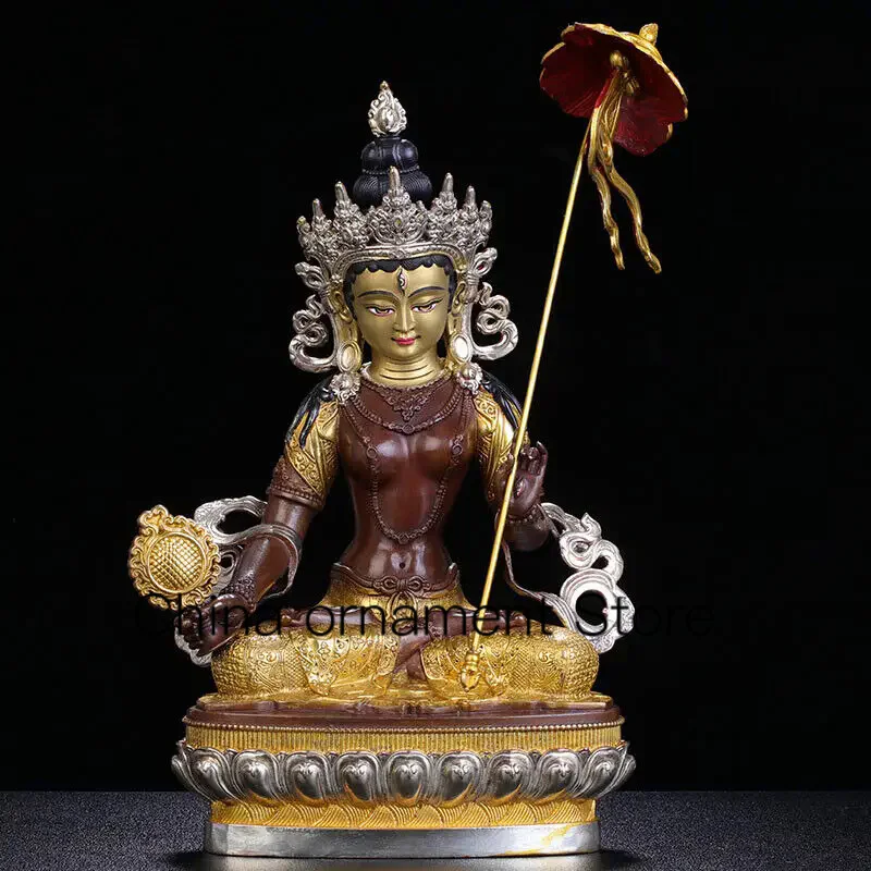 

10'' Nepal tibet copper silver gold White Umbrella Mother-Buddha Guanyin statue
