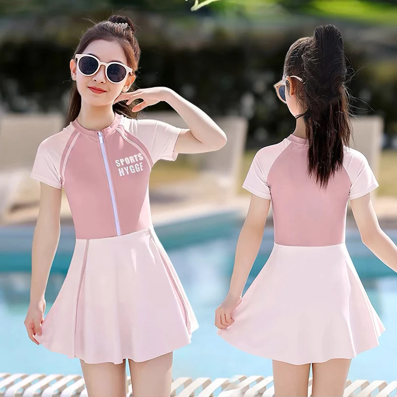 Girls' Swimwear One-Piece Swimsuit Skirt Sle Cute escent Swimming Suits Sports Series Middle School Students Swimming C...