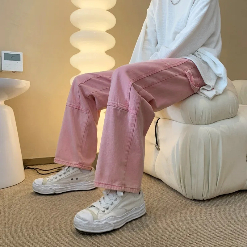 Cargo Pink Jeans Men Fashion Harajuku Casual Baggy Straight Jeans Men Streetwear Loose Hip Hop Denim Pants Mens Trousers S-3XL