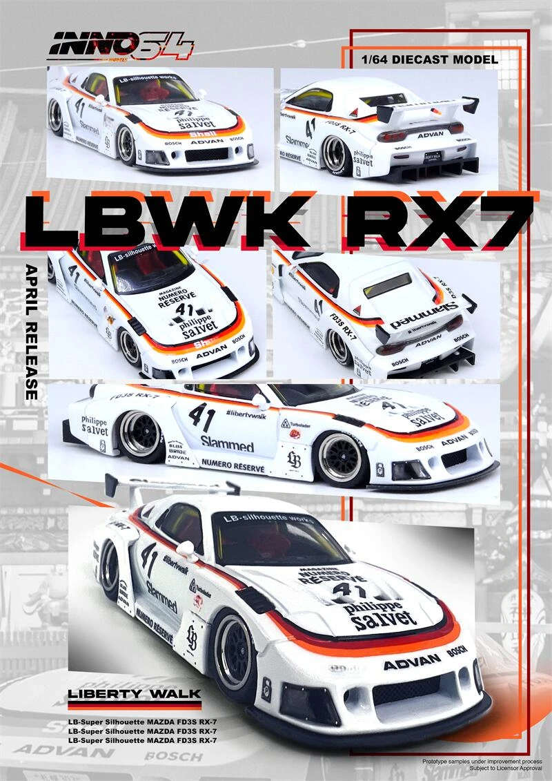 

**Pre-order **INNO 1:64 RX7 (FD3S) LB-SUPER SILHOUETTE Black White Model Car