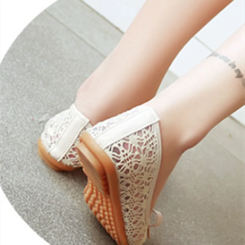 Lady Bare Foot Shoes Sweet Breathable Mesh Summer Flats With Bow-Knot Round Toe Spike Heels Anti-Slip Beige Sole 2022 New In 45